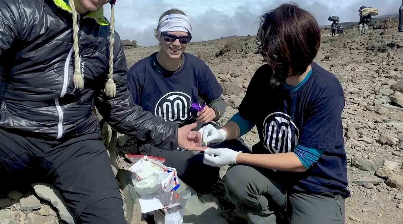 A field team collecting a Mitra capillary microsample from a fingertip on a rocky mountainside