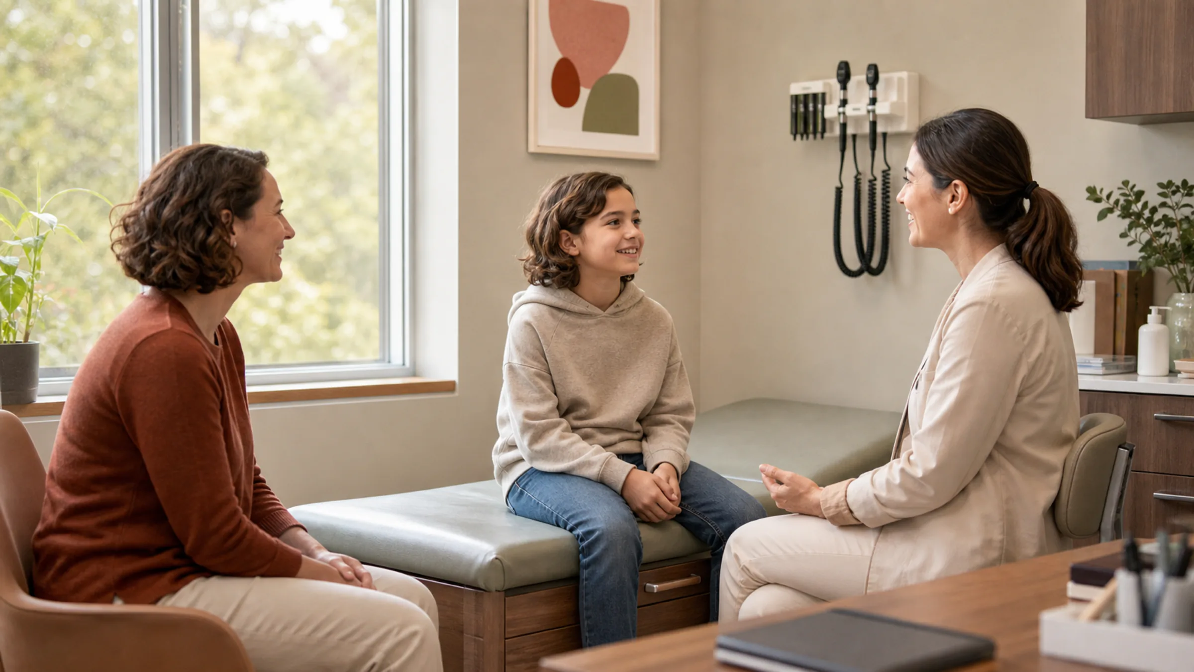 A child with a parent and a clinician in a consulting room, where a sample is professionally collected or supervised